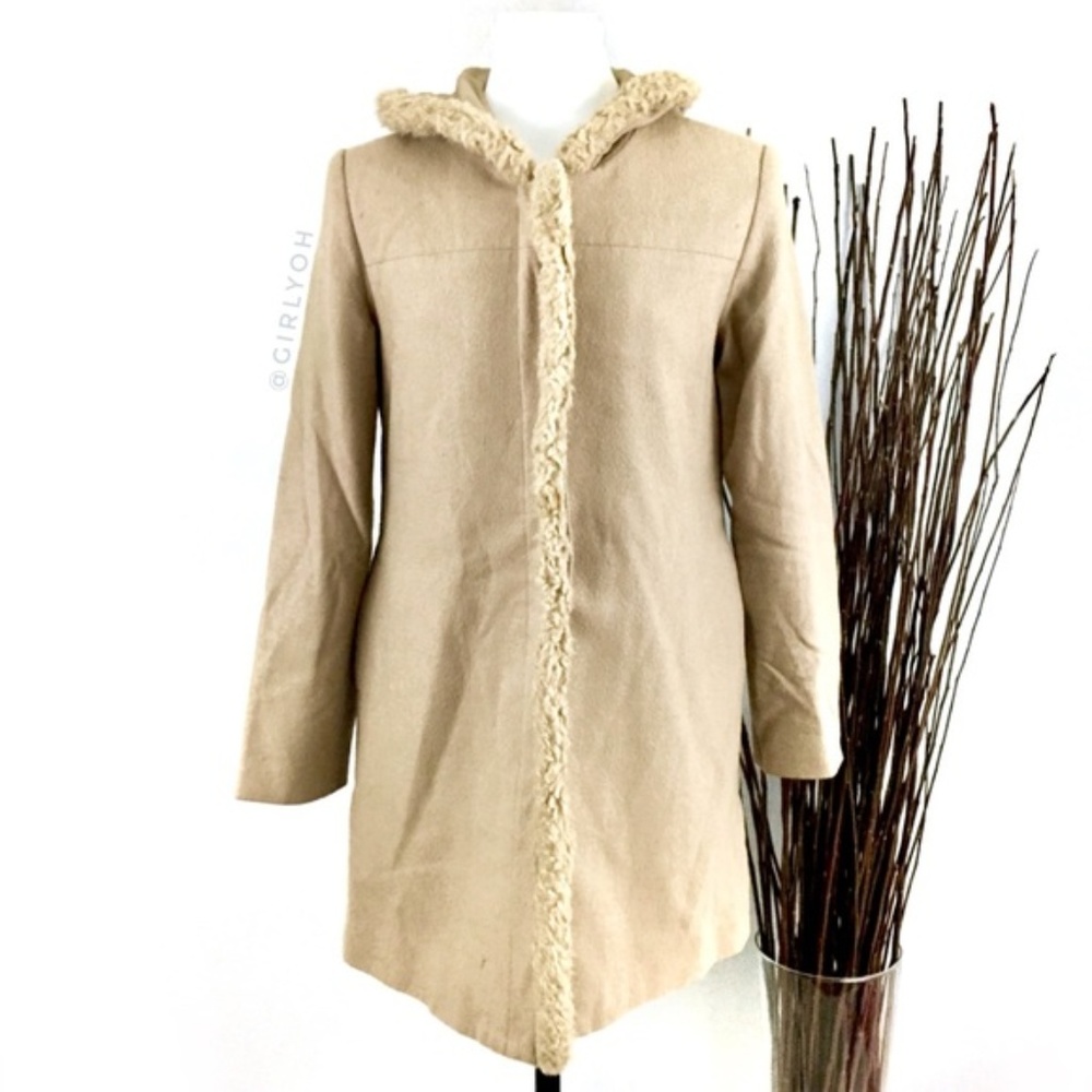 Vintage Camel Tan Wool Sherpa Hooded Long Coat M